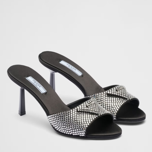 NWT$1,650 PRADA Satin Crystal Open Toe Logo Embellished Slides Mules Sz 39 - Picture 4 of 17
